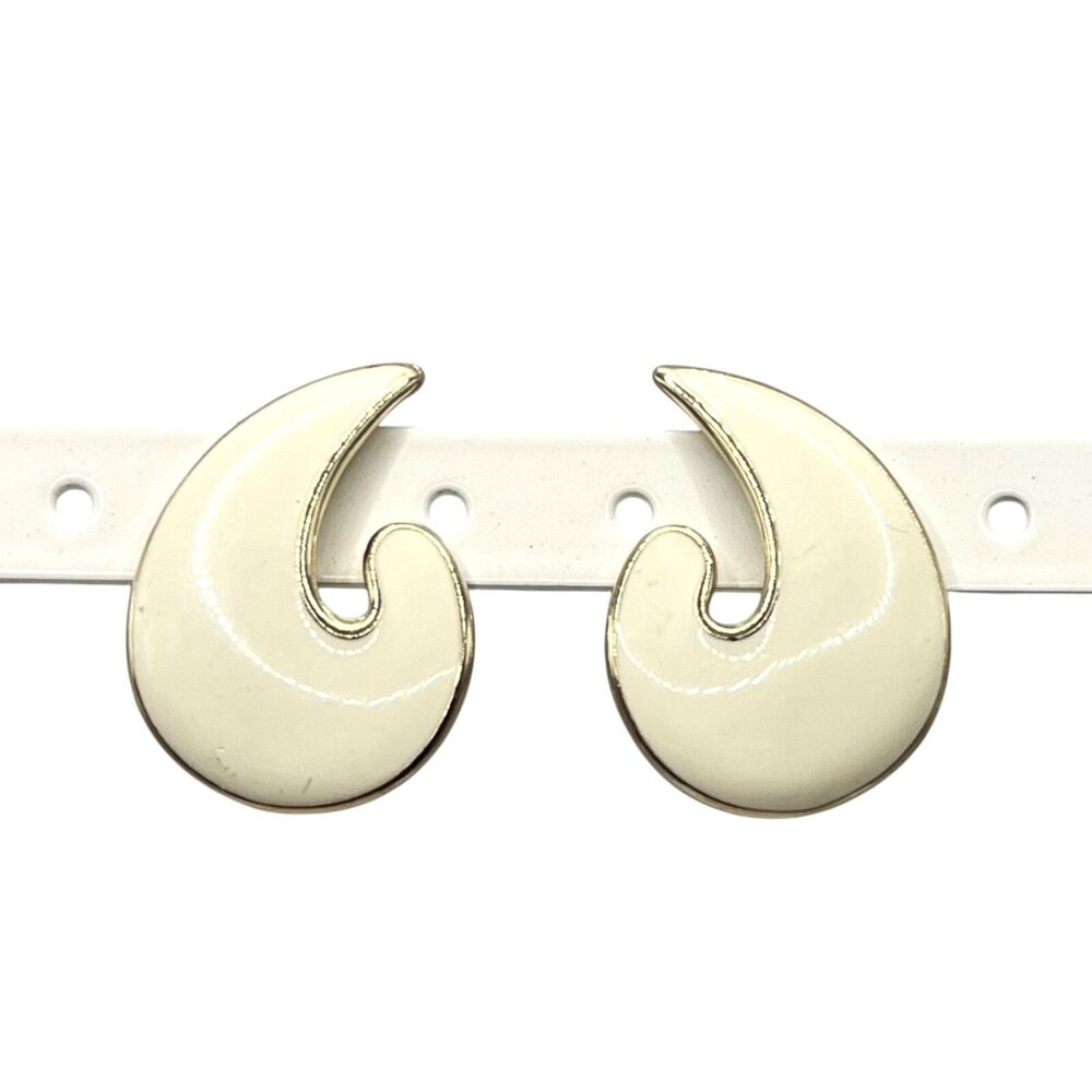 Vintage Enamel Statement Earrings Cream Gold Tone Curved Crescent Large Unique